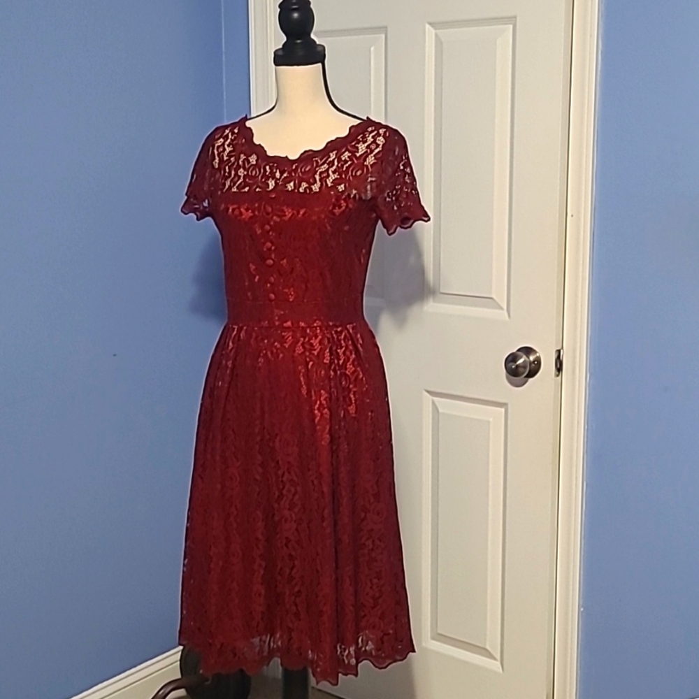 Burgundy Red Lace Overlay with Button Accents Midi Kneelength Dress - Picture 1 of 4